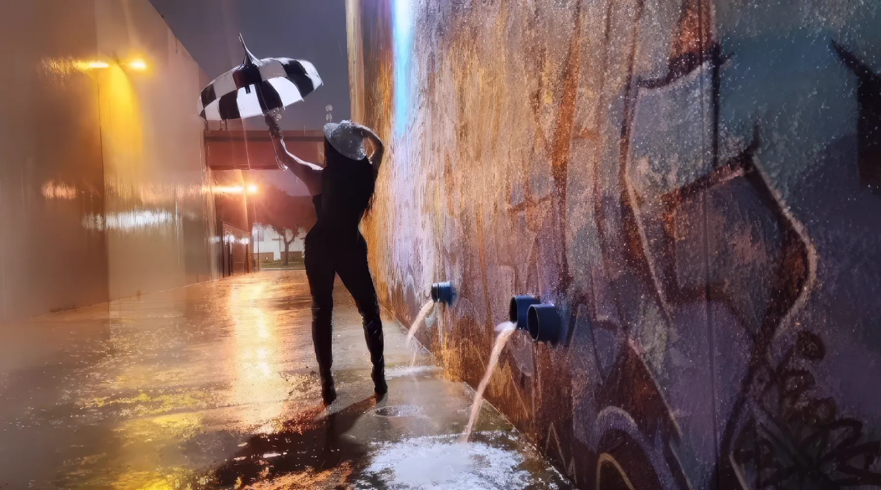 A figure holding a striped umbrella in a rain-soaked industrial alley